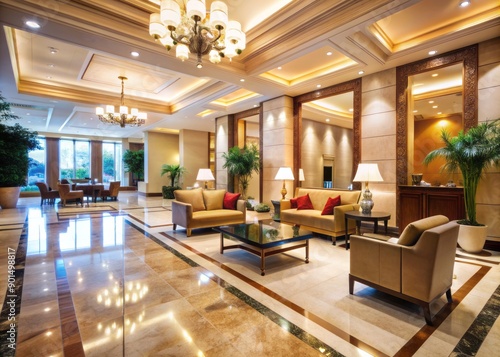 Elegant hotel lobby with marble floors, stylish furnishings, and sophisticated decor, exuding luxury and modern comfort, perfect for relaxation and business gatherings. © DigitalArt Max