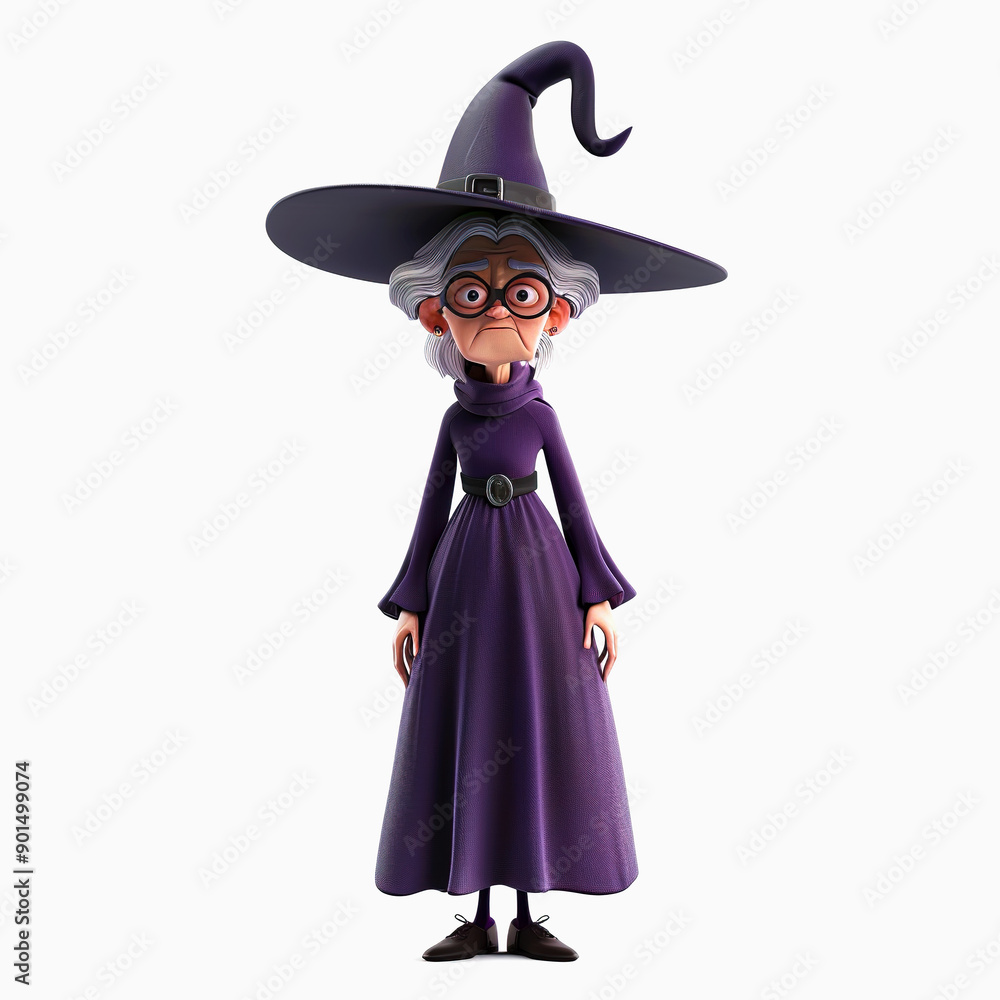 A 3D Cartoon Witch with a Long Purple Robe and Pointed Hat A 3D Cartoon Witch with a Long Purple Robe and Pointed Hat