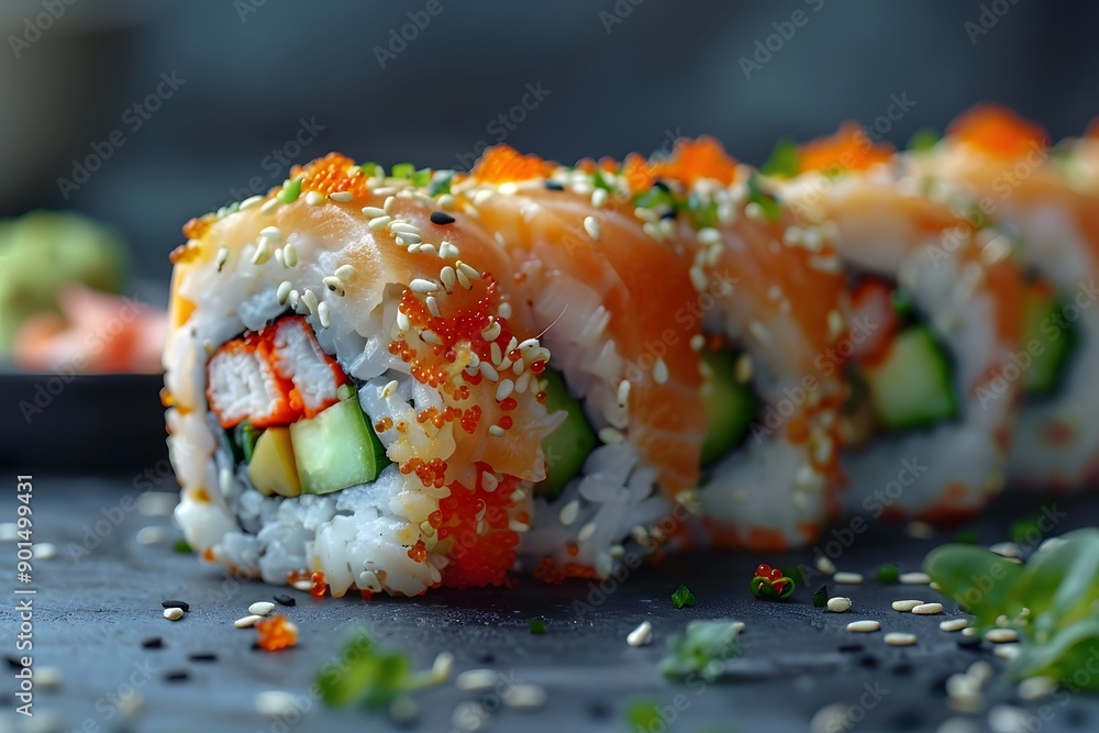 Colorful sushi rolls with salmon, crab, and cucumber on a dark slate background. Colorful sushi rolls with salmon, crab, and cucumber on a dark slate background.