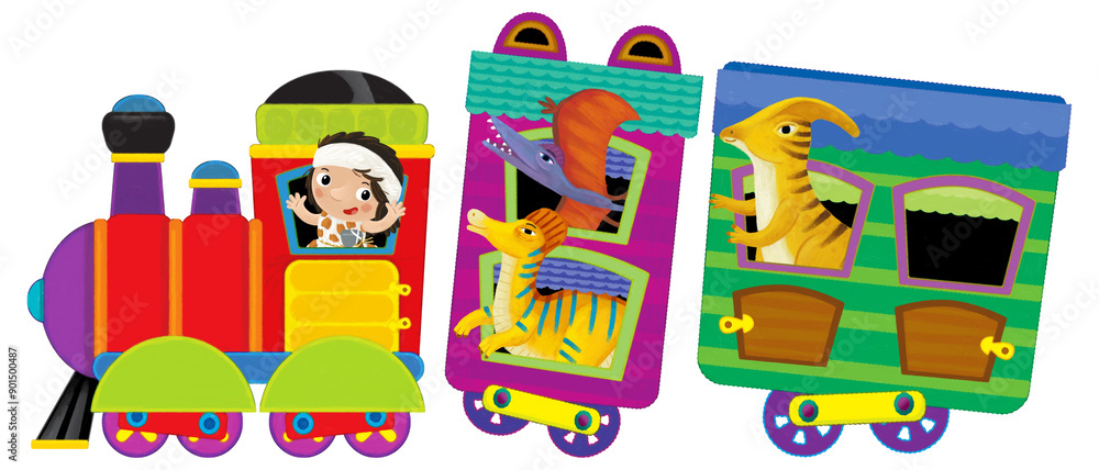 Cartoon funny looking colorful wagon with dino dinosaur animal lizard and caveman conductor isolated illustration for children Cartoon funny looking colorful wagon with dino dinosaur animal lizard and caveman conductor isolated illustration for children