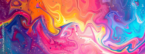 Abstract colorful fluid art with vibrant orange, pink, blue, and yellow swirls. Dynamic liquid texture with bubbles. Design for posters, banners, wallpapers, and prints