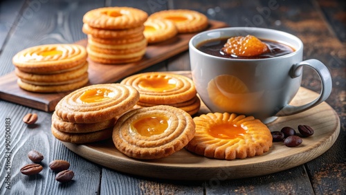 Wallpaper Mural Freshly baked round cookies with vibrant orange marmalade sit on a sleek modern table alongside a steaming cup of aromatic coffee, inviting a cozy morning treat. Torontodigital.ca