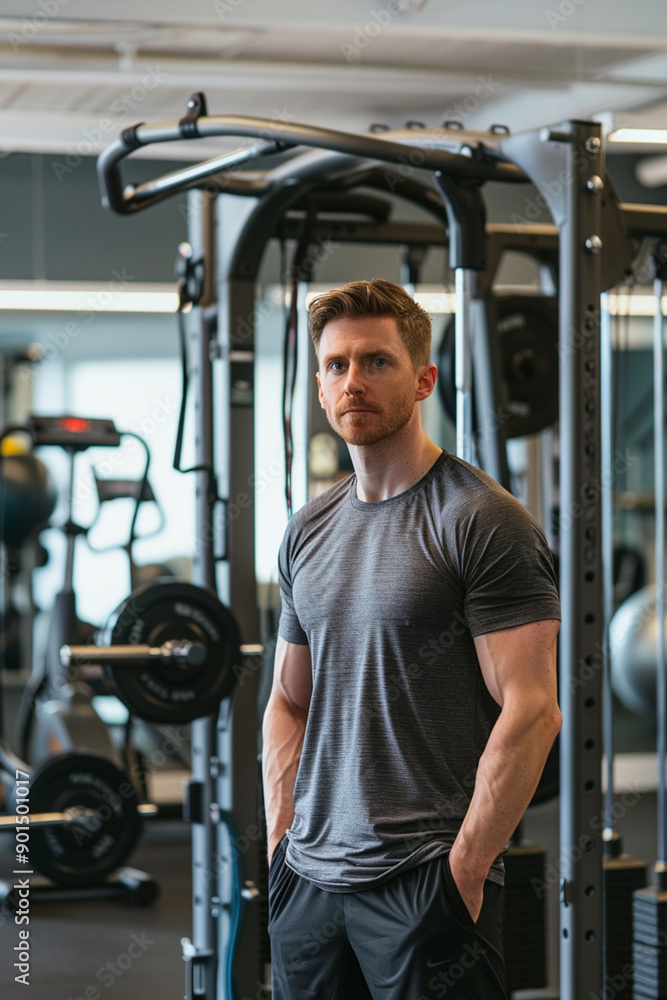 A fitness trainer in a gym with equipment, copy space. A fitness trainer in a gym with equipment, copy space.
