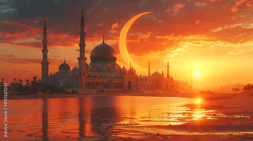 Fototapeta premium Islamic background with lantern, crescent, mosque and cloud