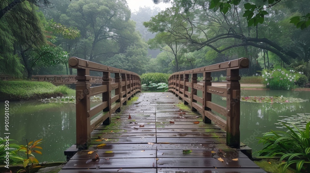 Fototapeta premium Wooden Bridge in Rainy Garden