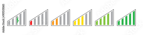 A set of icons to indicate the battery level with a transition from discharged to charged, as well as battery charging.
