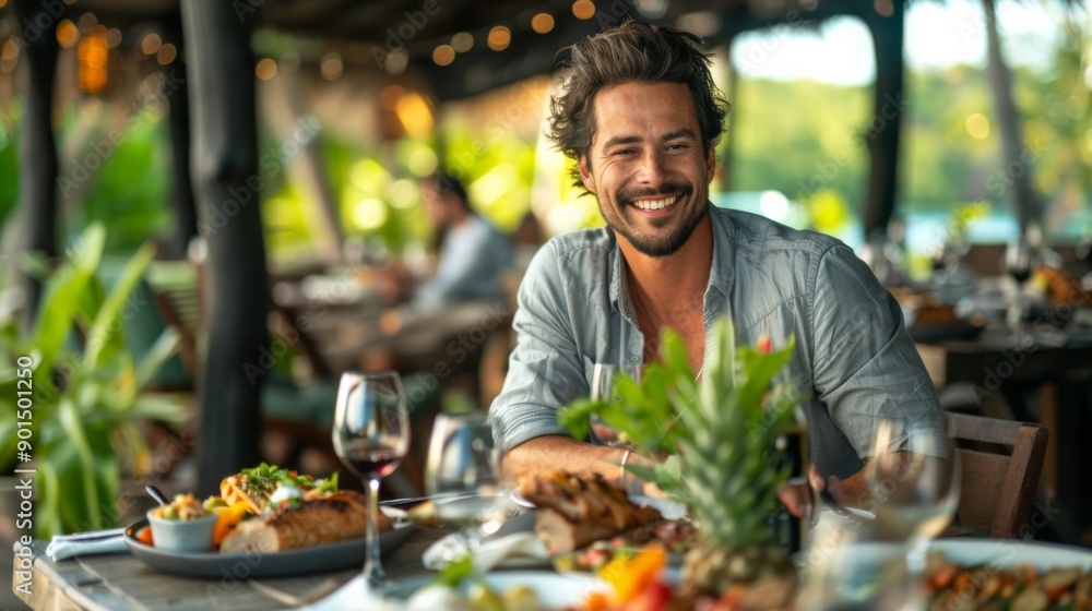 Happy man dining at an outdoor restaurant Happy man dining at an outdoor restaurant