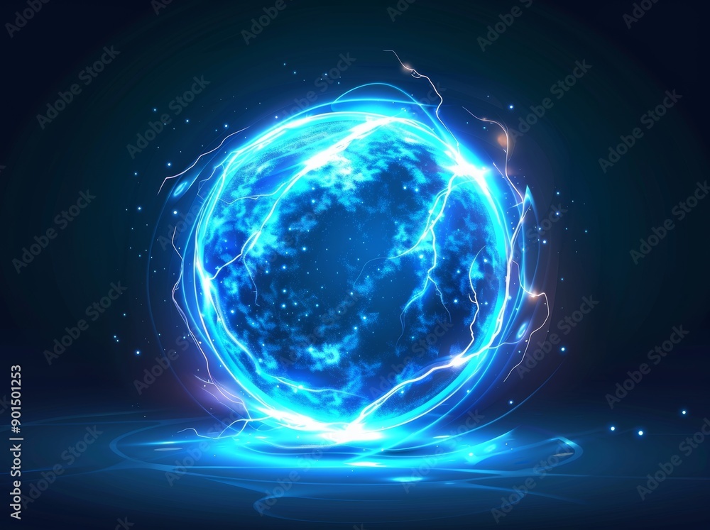 Obraz premium The lightning strike effect is placed realistically on a transparent background. The sphere is surrounded by an electric energy flash and nerve impulses are coming out in a different pattern, as