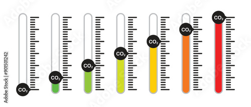 A set of vertical colored scales to indicate or measure carbon dioxide or co2 emissions.