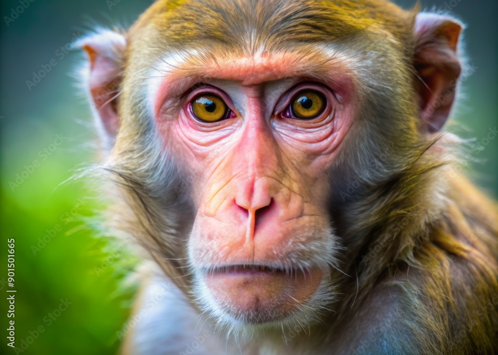 Vibrant and inquisitive rhesus monkey's head fills the frame, showcasing intricate facial features, whiskers, and wrinkles in exceptional sharpness and texture with a large depth of field. Vibrant and inquisitive rhesus monkey's head fills the frame, showcasing intricate facial features, whiskers, and wrinkles in exceptional sharpness and texture with a large depth of field.