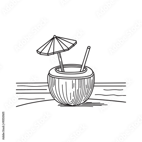 Simple drawing of coconut with straw and mini umbrella with seashore background