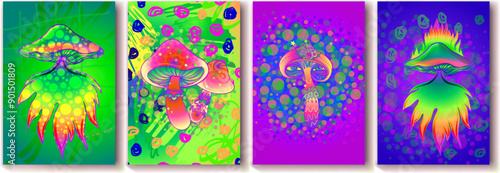 Retro futurism. Vintage 80s or 90s style background with magic mushrooms. Good design for textile t-shirt print design, flyer and poster. Futuristic vector illustration in bright neon colors.