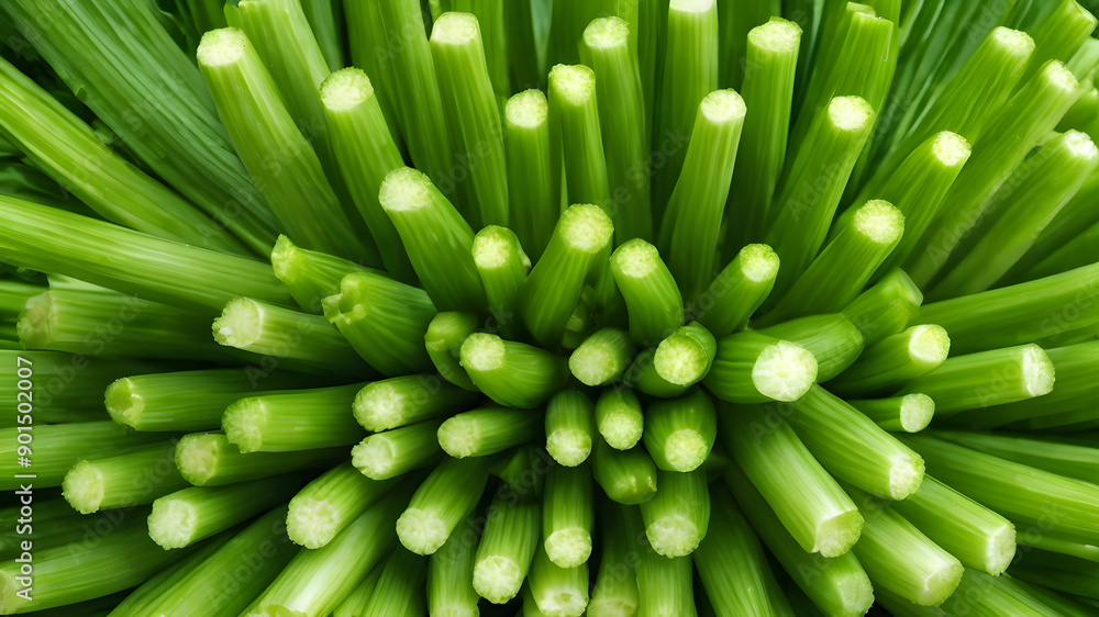 Top view green leeks. Generative AI Top view green leeks. Generative AI