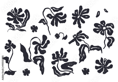 Ink wash abstract flowers sketches set isolated on white. Black silhouettes of doodle florals bundle. Minimalist botanical clip art