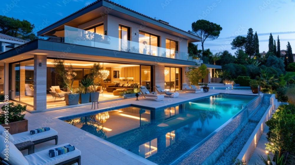 Fototapeta premium Modern Luxury Villa with Pool at Dusk