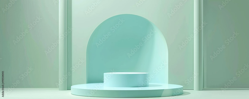 A cylindrical podium stands on a green background. An abstract minimal scene depicting a geometric shape based on cylinders A cylindrical podium stands on a green background. An abstract minimal scene depicting a geometric shape based on cylinders