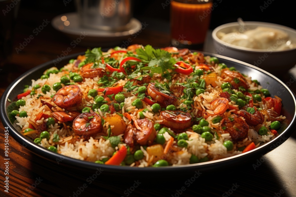 Fried shrimp rice on a white plate, consisting of tomatoes and carrots., generative IA Fried shrimp rice on a white plate, consisting of tomatoes and carrots., generative IA