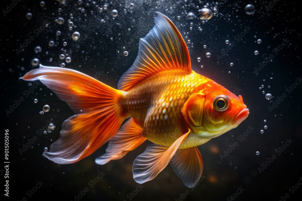 Vibrant orange goldfish majestically glides through dark, mysterious water, its bright scales shimmering like jewels against the inky blackness of its aquatic surroundings. Vibrant orange goldfish majestically glides through dark, mysterious water, its bright scales shimmering like jewels against the inky blackness of its aquatic surroundings.