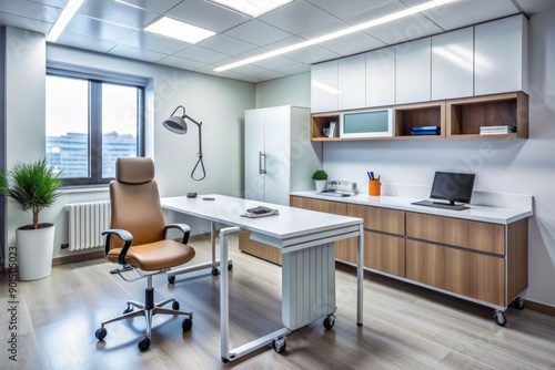 Modern medical facility interior with empty consultation room  desk  stethoscope  and medical equipment  awaiting interaction between healthcare professionals and pharmaceutical expert.