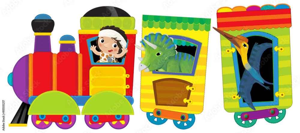 Cartoon funny looking colorful wagon with dino dinosaur animal lizard and caveman conductor isolated illustration for children Cartoon funny looking colorful wagon with dino dinosaur animal lizard and caveman conductor isolated illustration for children