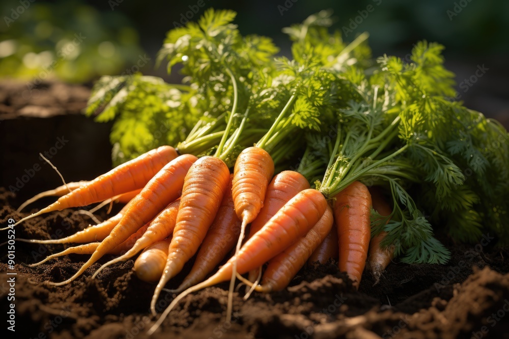 Bunch of fresh carrots freely lying on the ground in the garden., generative IA Bunch of fresh carrots freely lying on the ground in the garden., generative IA