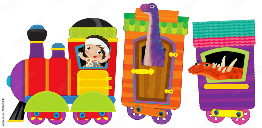 Cartoon funny looking colorful wagon with dino dinosaur animal lizard and caveman conductor isolated illustration for children Cartoon funny looking colorful wagon with dino dinosaur animal lizard and caveman conductor isolated illustration for children
