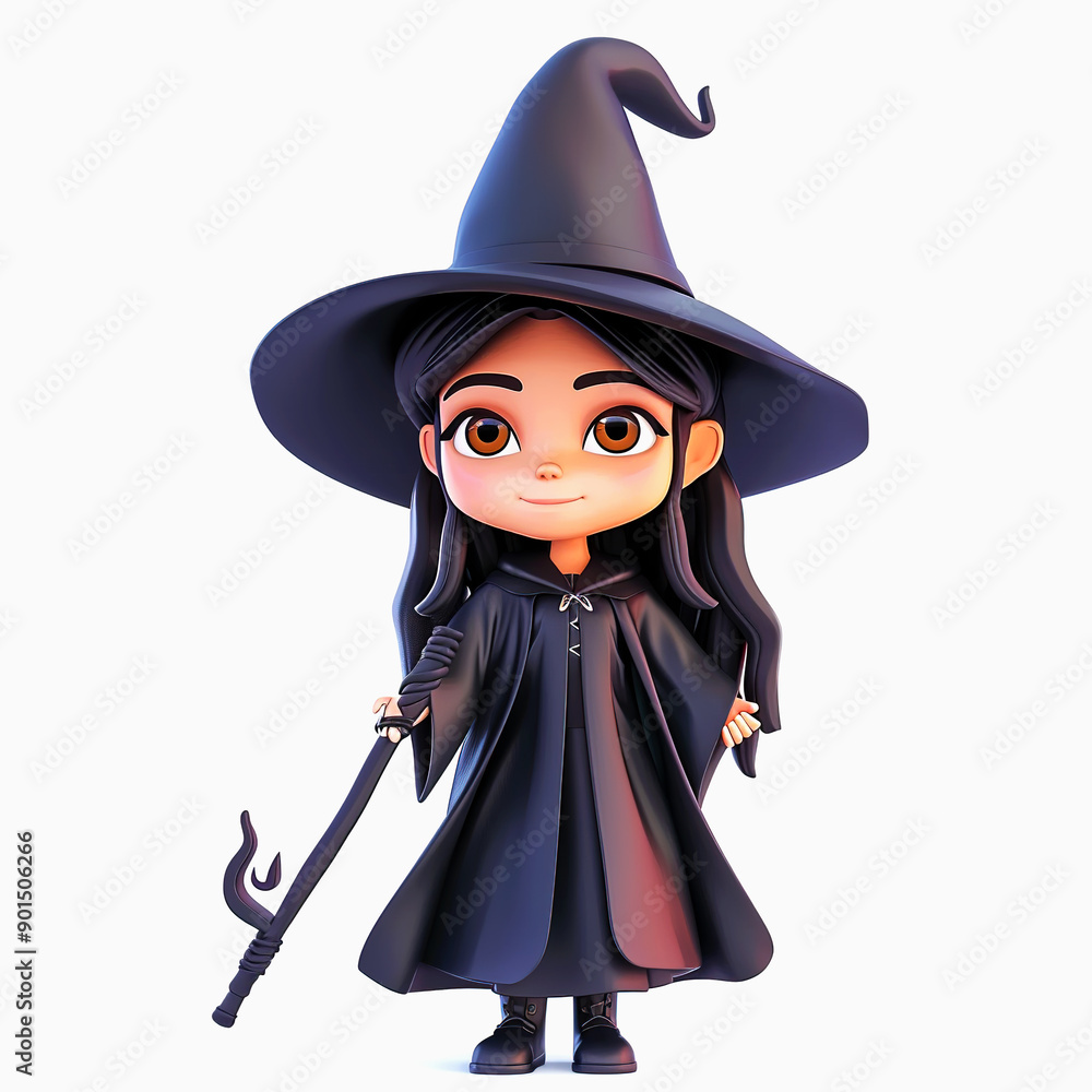 Cute Cartoon Witch with Black Hat and Staff Cute Cartoon Witch with Black Hat and Staff