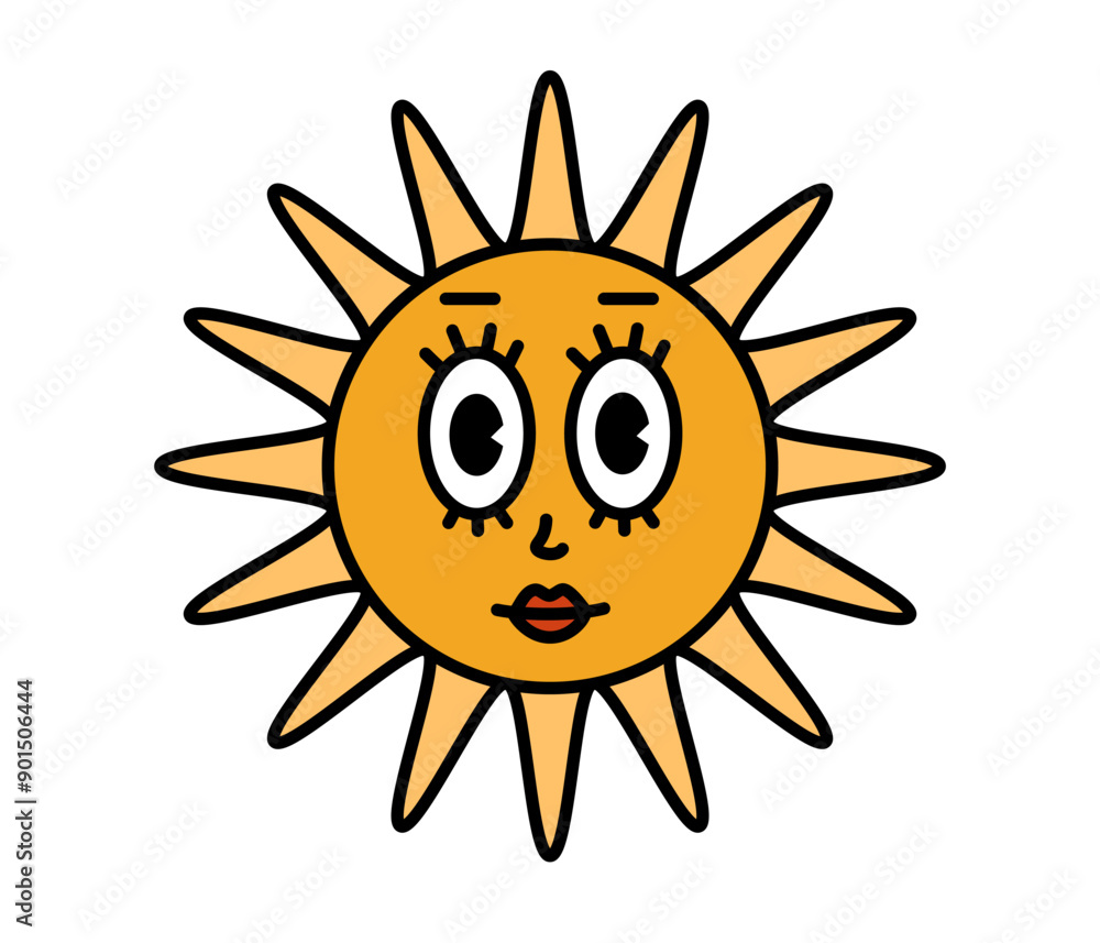 Sun character with cartoon funny face. Groovy sticker with Sky symbols. Weather icon. Emoji expression. Retro Vector illustration on white background Sun character with cartoon funny face. Groovy sticker with Sky symbols. Weather icon. Emoji expression. Retro Vector illustration on white background