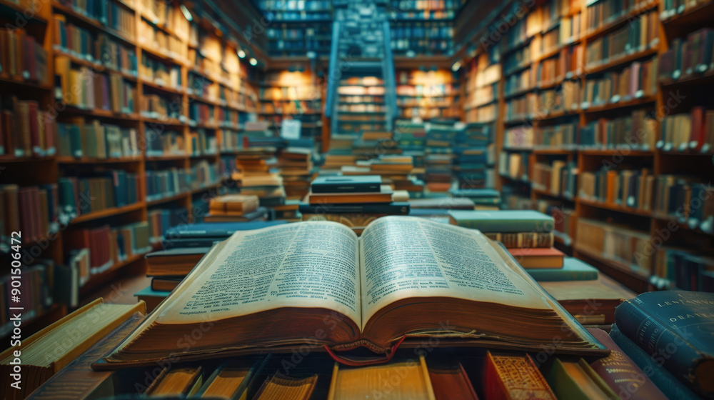Fototapeta premium A beautiful library interior filled with shelves of books, featuring an open book in the foreground, inviting knowledge and discovery.