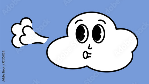 White cloud character with cartoon funny faces. Groovy sticker with Sky symbols. Weather icon. Emoji expression. Retro Vector illustration on blue background