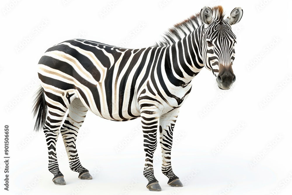 Fototapeta premium Zebra standing on white background showing stripes