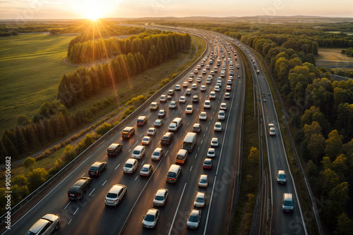 Aerial view of cars on road highway in traffic jam at sunset background. Traffic jam rush hour, cars in line, bumper to bumper, stuck in traffic at dusk. Urban transport concept. Copy ad text space