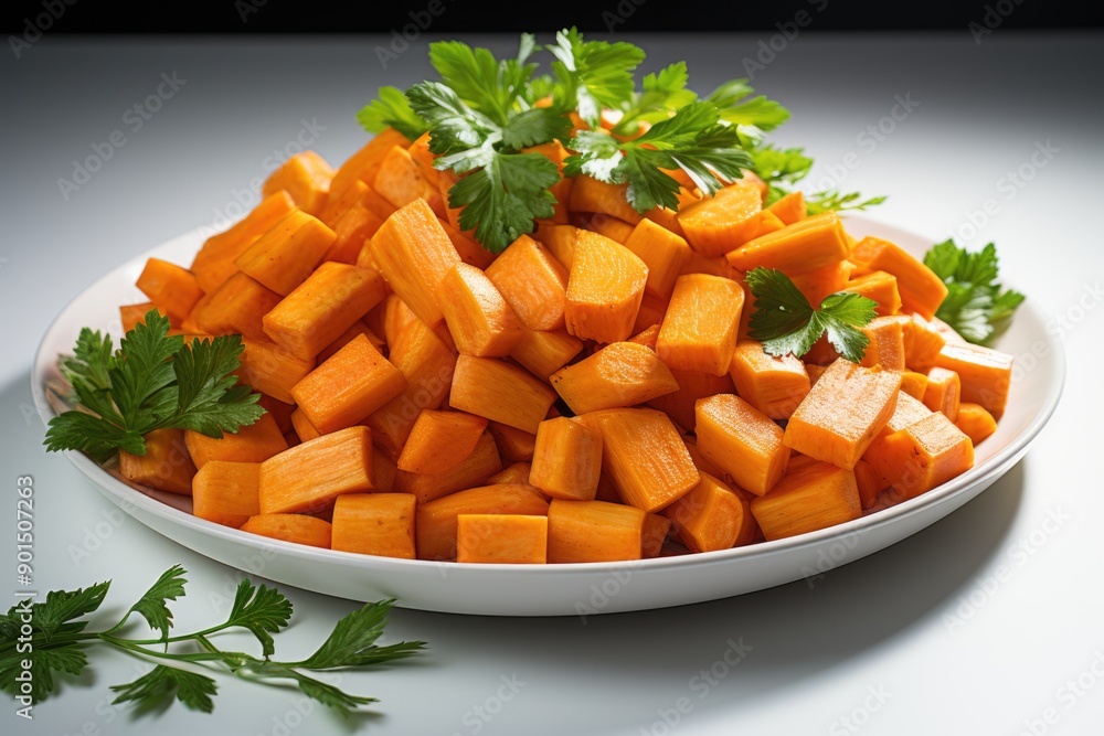 Isolated chopped carrots on a white background, generative IA Isolated chopped carrots on a white background, generative IA