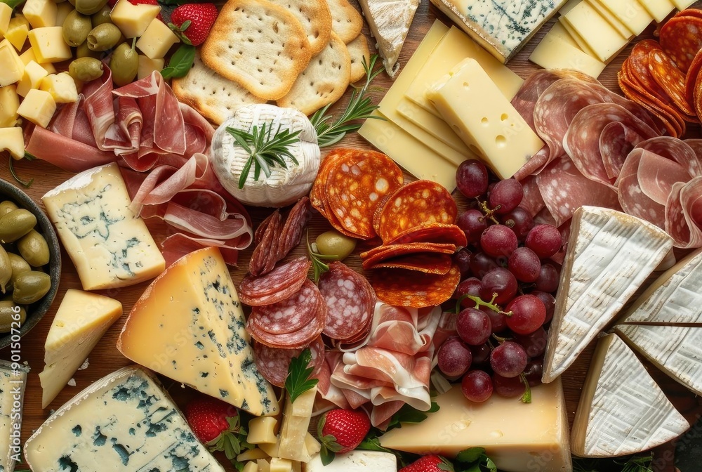A gourmet cheese board featuring various cheeses, cured meats, fresh grapes, olives, and crackers, perfect for a luxurious appetizer or snack. A gourmet cheese board featuring various cheeses, cured meats, fresh grapes, olives, and crackers, perfect for a luxurious appetizer or snack.
