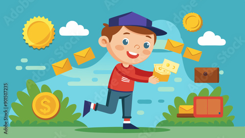 A boy Collecting coins stamps vector illustration