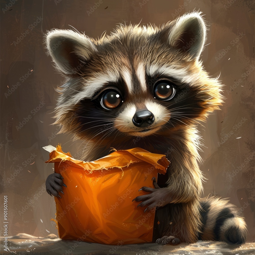 Obraz premium Cute Raccoon Holding a Bag