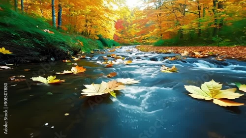 The camera captures a serene moment by the stream with the autumn leaves gently floating along the surface of the water. photo