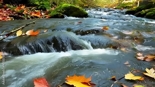A closeup of a babbling stream the water swirling over colorful leaves and branches as it makes its way downstream.