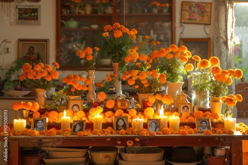 Day of the dead altar decorated with cempasuchil flowers and candles photo