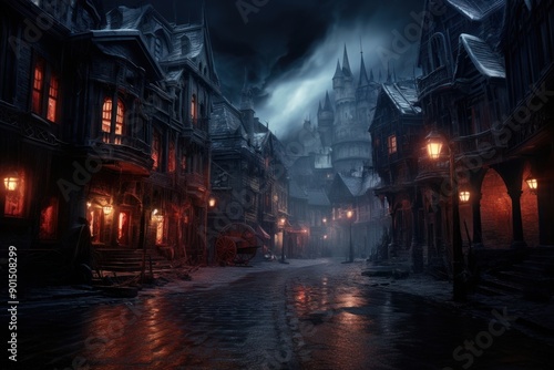 Cursed commercial area magic world street alley.
