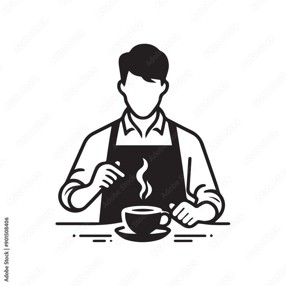 black-and-white vector illustration of a barista wearing an apron, preparing
a coffee drink black-and-white vector illustration of a barista wearing an apron, preparing
a coffee drink