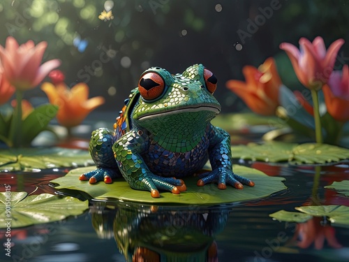 Green amphibian with bulging eyes perches on lily pad, water droplets glistening on vibrant skin photo