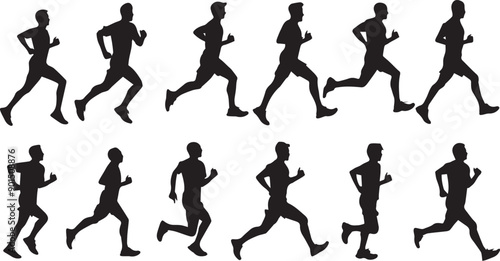 Set of black silhouette of boys in different running positions, vector icon