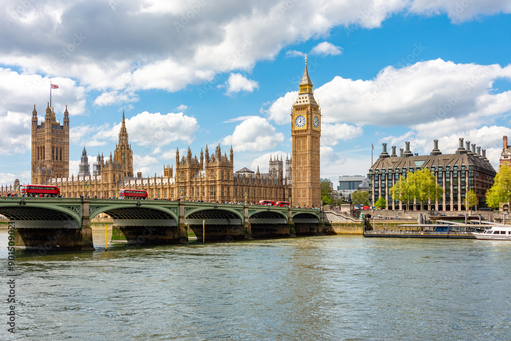 Fototapeta premium Big Ben tower of Houses of Parliament and Westminster bridge, London, UK