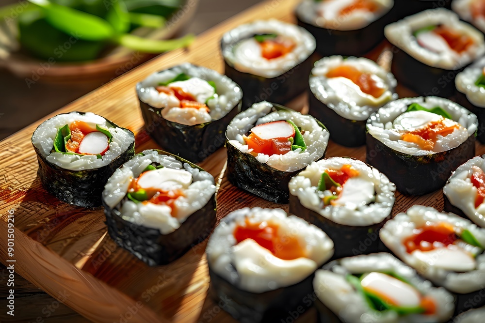 Delicious assorted sushi rolls beautifully arranged on a wooden platter. Delicious assorted sushi rolls beautifully arranged on a wooden platter.