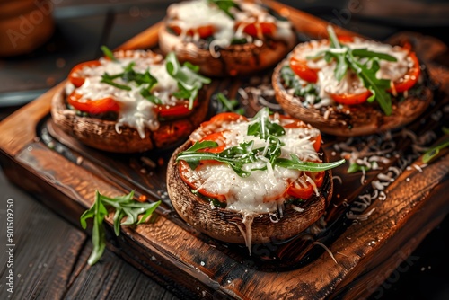 Delicious baked mushroom caps topped with cheese and fresh vegetables.