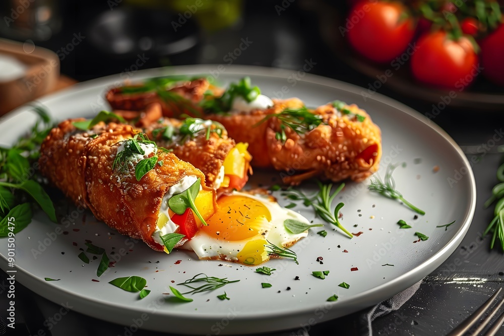 Deliciously plated sesame rolls filled with colorful vegetables and a runny egg. Deliciously plated sesame rolls filled with colorful vegetables and a runny egg.