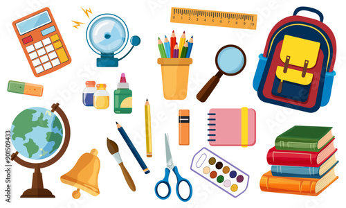 Children's school items, stationery, vector flat collection. Backpack, stationery, textbooks and notebooks, globe, pencils. White background.
