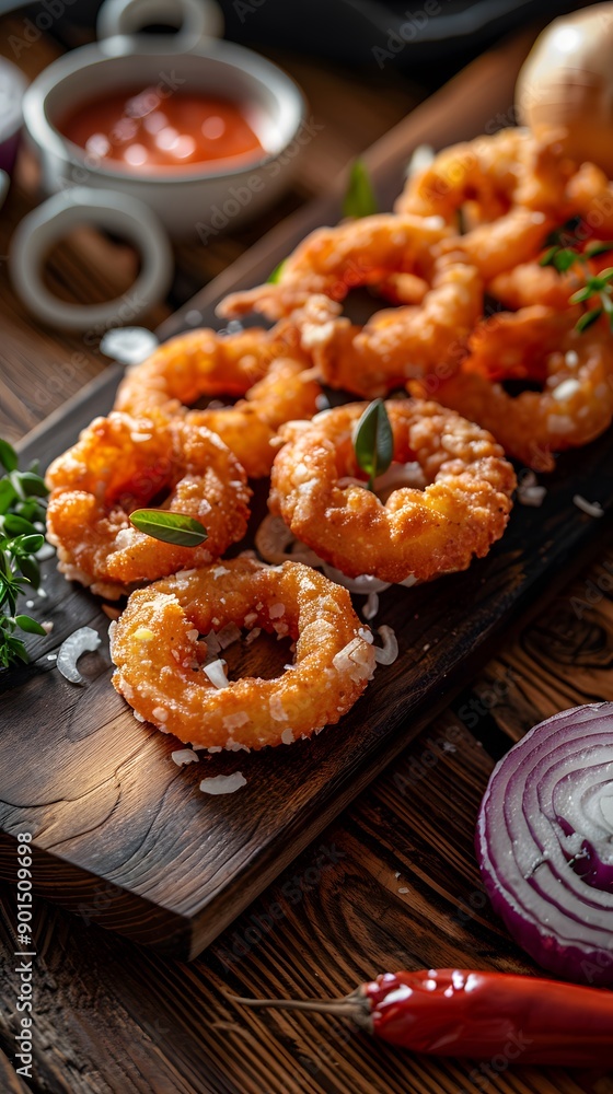 Golden crispy onion rings on a wooden platter with dips. Golden crispy onion rings on a wooden platter with dips.