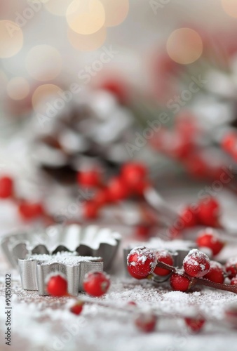 Red Berries and Cookie Cutters on Snowy Surface
